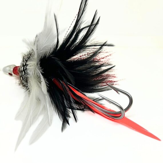 señuelo de pesca con cabeza de cristal y plumas naturales en color negro y blanco, para pescar atunes, bacoretas, marlin, grandes peces