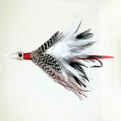 señuelo de pesca con cabeza de cristal y plumas naturales en color negro y blanco, para pescar atunes, bacoretas, marlin, grandes peces