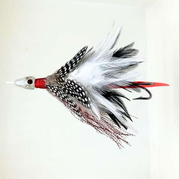 señuelo de pesca con cabeza de cristal y plumas naturales en color negro y blanco, para pescar atunes, bacoretas, marlin, grandes peces