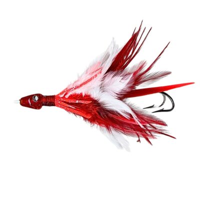 señuelo para pesca a currican grandes tunidos con cabeza de cristal roja y plumas naturales rojas y blancas