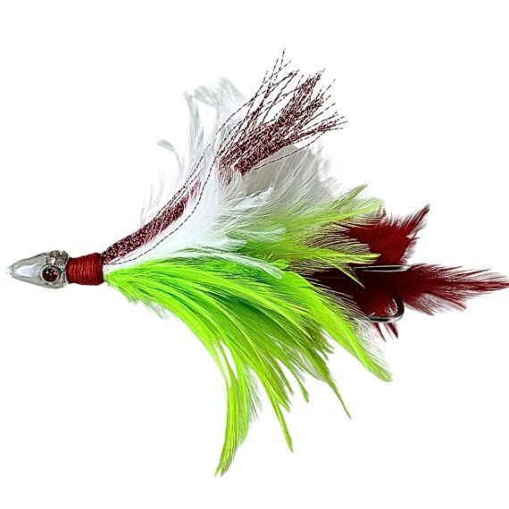 señuelo para pesca a currican grandes tunidos con cabeza de cristal transparente y plumas naturales rojas verdes y blancas, anzuelo doble.