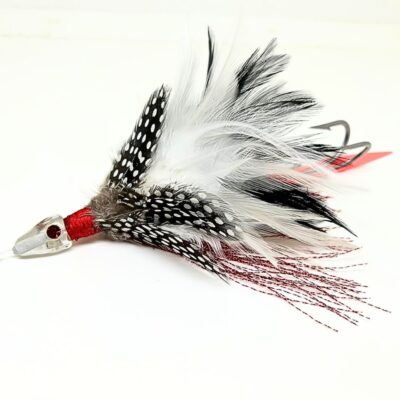 señuelo de pesca con cabeza de cristal y plumas naturales en color negro y blanco, para pescar atunes, bacoretas, marlin, grandes peces