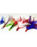 pack 4 señuelos pesca para grandes especies, señuelos con cabeza de cristal transparente, plumas de colores y gran anzuelo para la pesca de currican de superficie y de altura