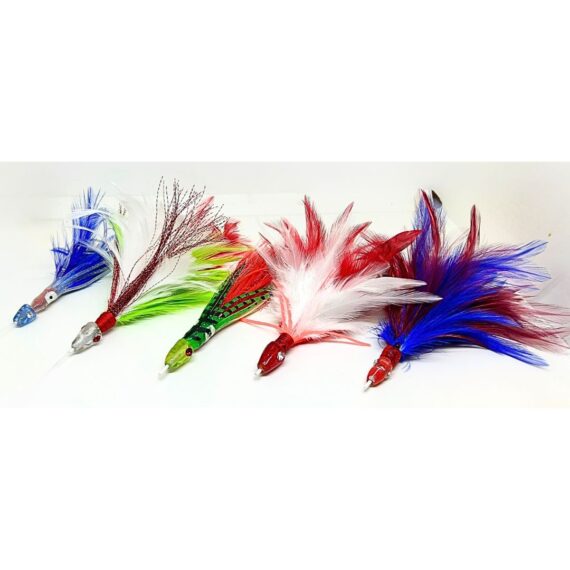pack 4 señuelos pesca para grandes especies, señuelos con cabeza de cristal transparente, plumas de colores y gran anzuelo para la pesca de currican de superficie y de altura