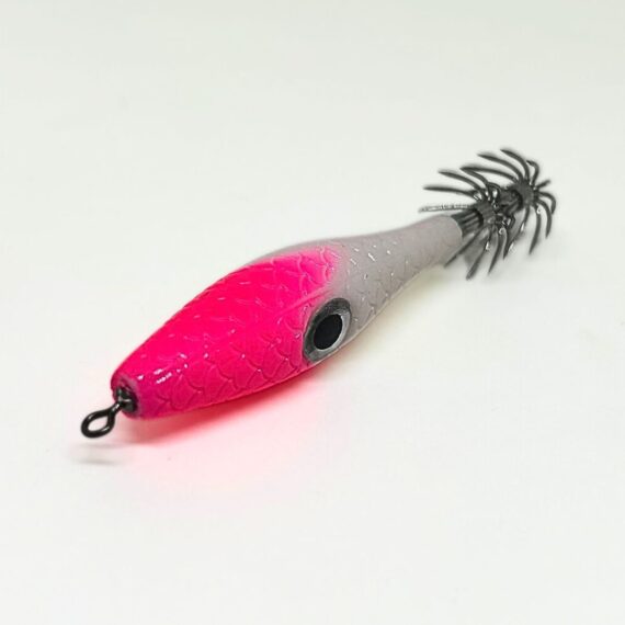 Garrapata para pesca de calamar, sepia y pulpo – Señuelo Evil Squid cabeza rosa fluor y cuerpo blanco y potera resistente, medida 6,5 cm