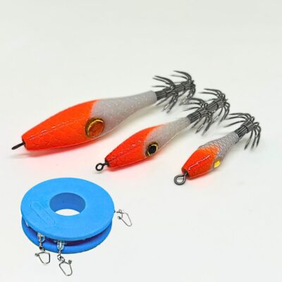 3 señuelos garrapatas para pesca de calamares sepias y pulpos, medidas en disminución para montar juntos. Cuerpo blanco y cabeza naranja.