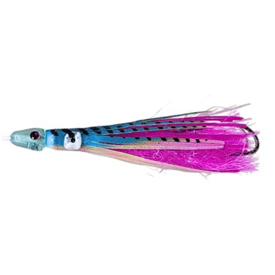 señuelo de pesca con cabeza de cristal en color azul, pulpito azul y rafia lila, señuelo Crystal bait para la pesca del bonito del norte