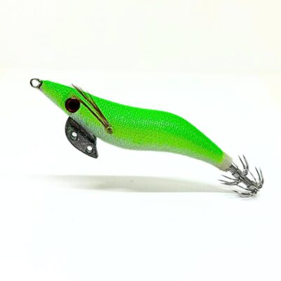 Jibionera tipo Yamashita color verde fluorescente, diseñada para la pesca de sepias, calamares y pulpos; equipada con sistema de transferencia de peso de tungsteno y recubrimiento epoxi para mayor durabilidad