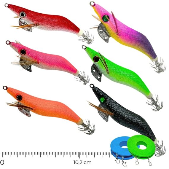 pack 6 jibioneras crystalegi pesca de sepia TAMAÑO M con 2 bajos fluorocarbono de regalo