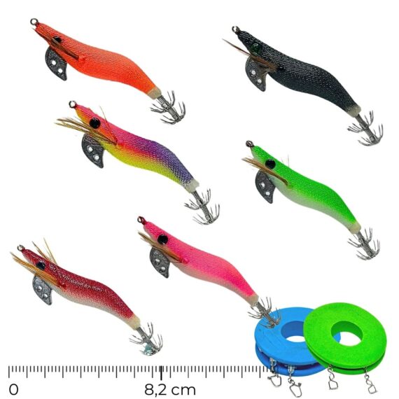 pack 6 jibioneras crystalegi pesca de sepia TAMAÑO S con 2 bajos fluorocarbono de regalo