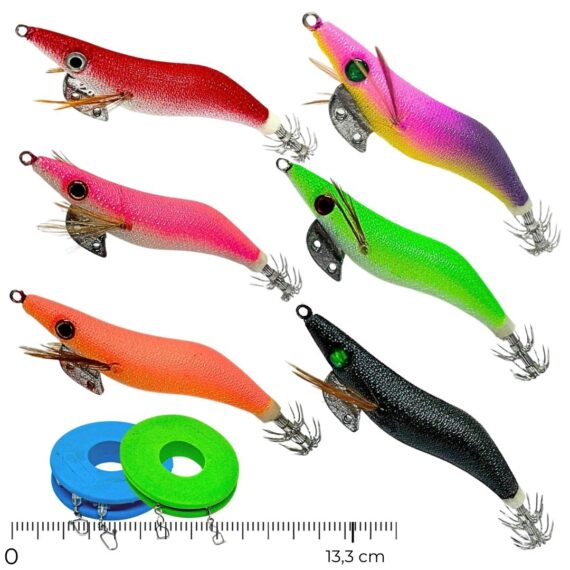 pack 6 jibioneras crystalegi pesca de sepia TAMAÑO XL con 2 bajos fluorocarbono de regalo