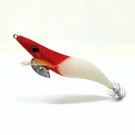 Jibionera tipo Yamashita cabeza roja brillante, diseñada para la pesca de sepias, calamares y pulpos; equipada con sistema de transferencia de peso de tungsteno y recubrimiento epoxi para mayor durabilidad