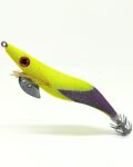 señuelo para pescar calamares y sepias desde costa o embarcacion de color amarillo y lila y potera doble. Jibionera para sepia
