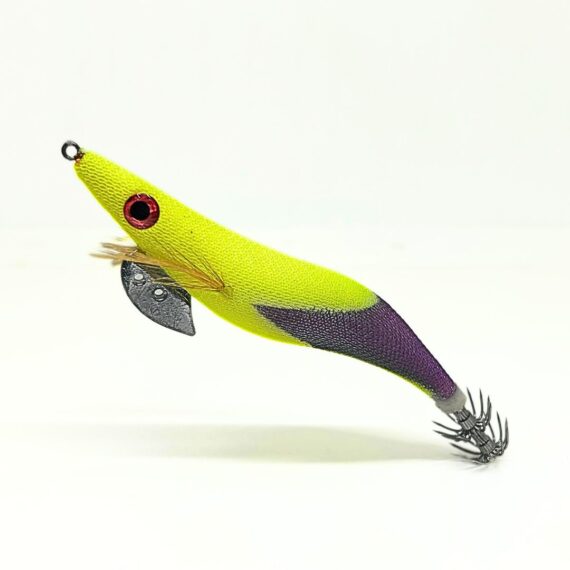 señuelo para pescar calamares y sepias desde costa o embarcacion de color amarillo y lila y potera doble. Jibionera para sepia