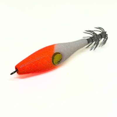 Garrapata para pesca de calamar, sepia y pulpo – Señuelo Evil Squid cabeza naranja fluor y cuerpo blanco y potera resistente, medida 6,5 cm