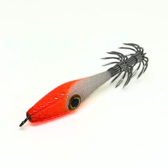 Garrapata para pesca de calamar, sepia y pulpo – Señuelo Evil Squid cabeza naranja fluor y cuerpo blanco y potera resistente, medida 6,5 cm
