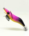 señuelo para pescar calamares y sepias desde costa o embarcacion de color amarillo y lila y potera doble. Jibionera para sepia