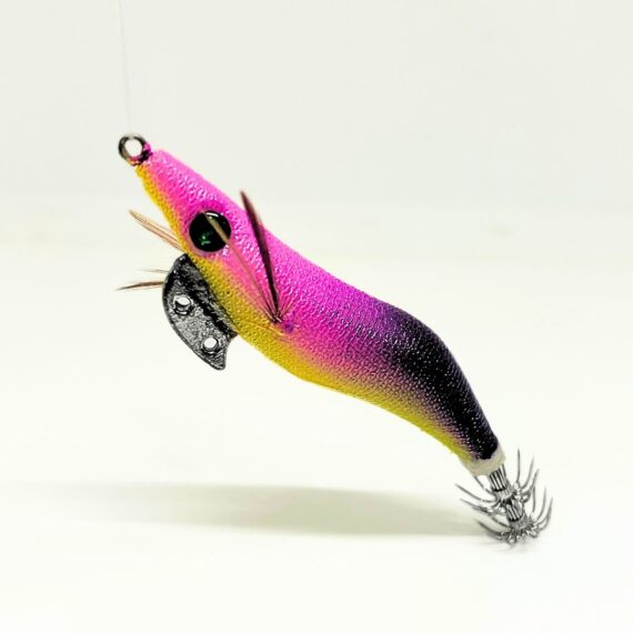 señuelo para pescar calamares y sepias desde costa o embarcacion de color amarillo y lila y potera doble. Jibionera para sepia