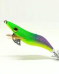 señuelo para pescar calamares y sepias desde costa o embarcacion de color verde y lila y potera doble. Jibionera para sepia