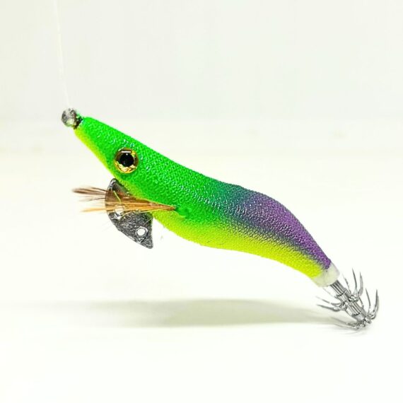 señuelo para pescar calamares y sepias desde costa o embarcacion de color verde y lila y potera doble. Jibionera para sepia