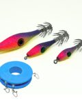 señuelo pesca para calamares, sepias y pulpos, garrapatas calamar, rosa, amarillo y lila en metralleta de tres señuelos