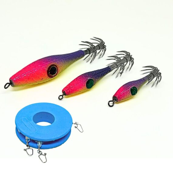 señuelo pesca para calamares, sepias y pulpos, garrapatas calamar, rosa, amarillo y lila en metralleta de tres señuelos