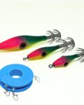 señuelo pesca para calamares, sepias y pulpos, garrapatas calamar, rosa, amarillo y verde en metralleta de tres señuelos