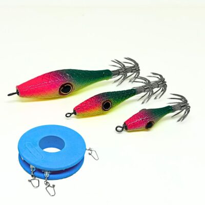 señuelo pesca para calamares, sepias y pulpos, garrapatas calamar, rosa, amarillo y verde en metralleta de tres señuelos