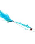 señuelo de pesca para currican de superficie, color blanco con franjas azules y plumas naturales.