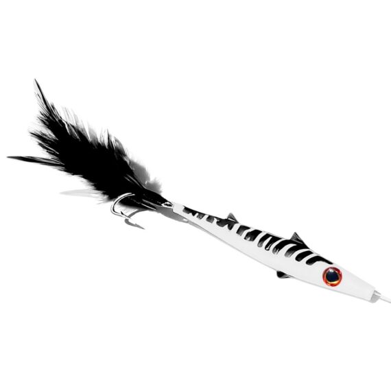 señuelo de pesca para currican de superficie, color blanco con franjas negras y plumas naturales.
