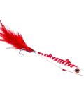 señuelo de pesca para currican de superficie, color blanco con franjas rojas y plumas naturales.