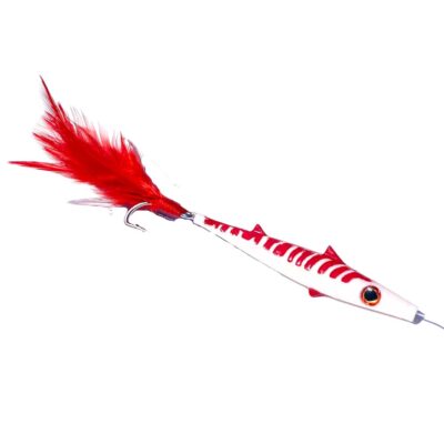 señuelo de pesca para currican de superficie, color blanco con franjas rojas y plumas naturales.