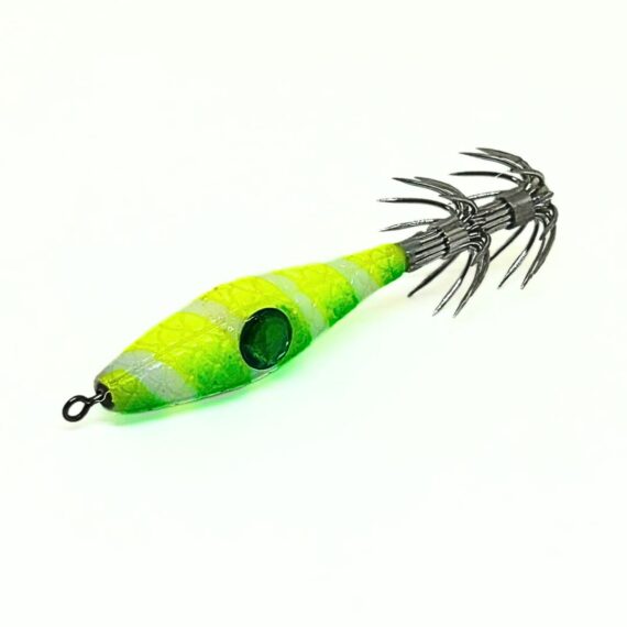 señuelo pesca para calamares, sepias y pulpos, garrapatas calamar, color en espiral verde y amarillo