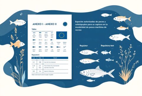 Tabla visual del Anexo I del Real Decreto 347/2011 que muestra las especies autorizadas de peces y cefalópodos para pesca marítima de recreo en España, incluyendo nombres científicos y comunes, y señalando aquellas sometidas a medidas de protección diferenciada según normativa europea.