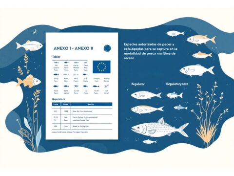 Tabla visual del Anexo I del Real Decreto 347/2011 que muestra las especies autorizadas de peces y cefalópodos para pesca marítima de recreo en España, incluyendo nombres científicos y comunes, y señalando aquellas sometidas a medidas de protección diferenciada según normativa europea.