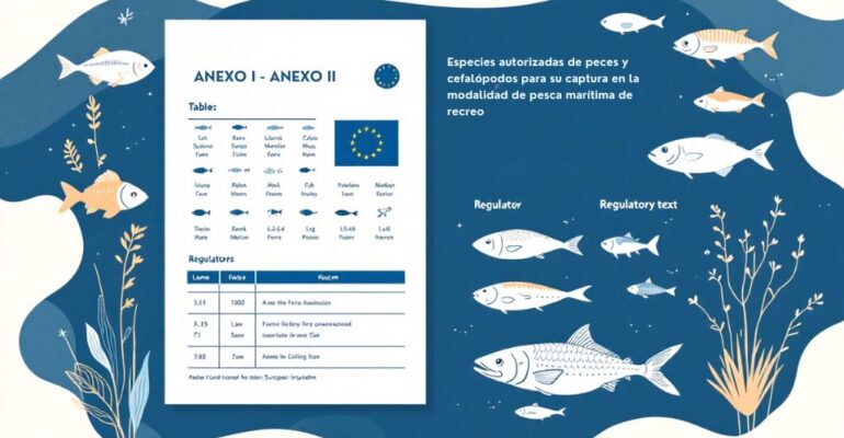 Tabla visual del Anexo I del Real Decreto 347/2011 que muestra las especies autorizadas de peces y cefalópodos para pesca marítima de recreo en España, incluyendo nombres científicos y comunes, y señalando aquellas sometidas a medidas de protección diferenciada según normativa europea.