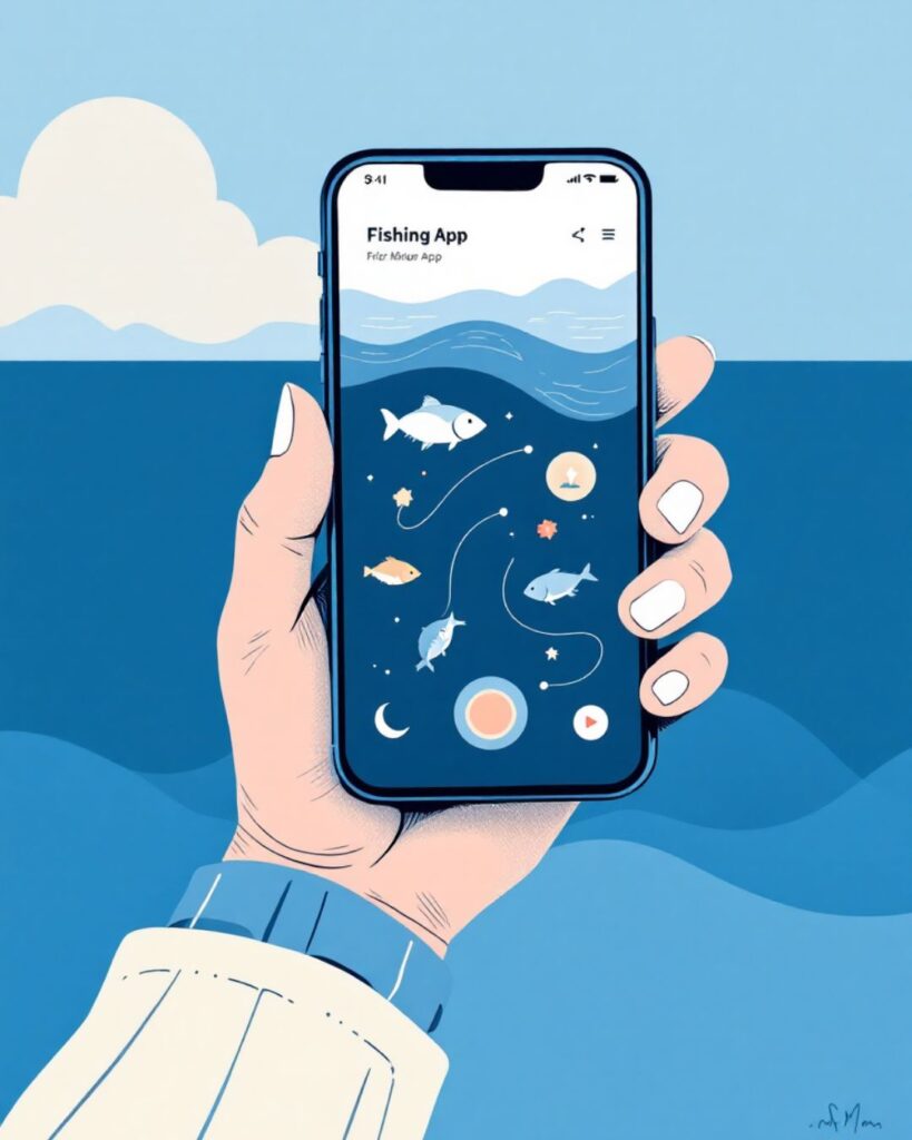 Ilustración de una aplicación móvil para pesca recreativa, con interfaz digital sobre fondo marino. Representa el uso de sistemas electrónicos como PescaREC para registrar capturas de especies protegidas, según la normativa europea aplicable desde 2026.