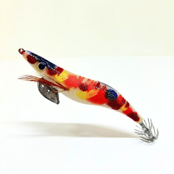 Señuelo para la pesca de sepia. Jibionera tipo Yamashita color fosforescente y con multiples colores pintadas a mano, diseñada para la pesca de sepias, calamares y pulpos; equipada con sistema de transferencia de peso de tungsteno y recubrimiento epoxi para mayor durabilidad