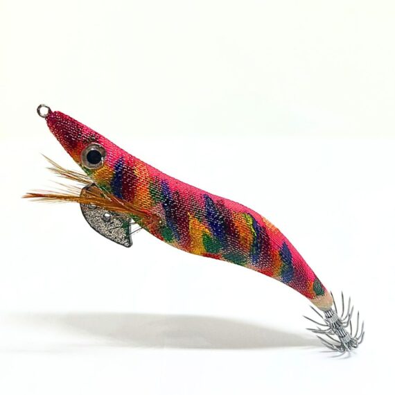 Señuelo para la pesca de sepia. Jibionera tipo Yamashita color lomo rosa y con multiples colores pintadas a mano, diseñada para la pesca de sepias, calamares y pulpos; equipada con sistema de transferencia de peso de tungsteno y recubrimiento epoxi para mayor durabilidad