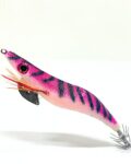 Señuelo para la pesca de sepia. Jibionera tipo Yamashita color rosa con lineas azules pintadas a mano, diseñada para la pesca de sepias, calamares y pulpos; equipada con sistema de transferencia de peso de tungsteno y recubrimiento epoxi para mayor durabilidad
