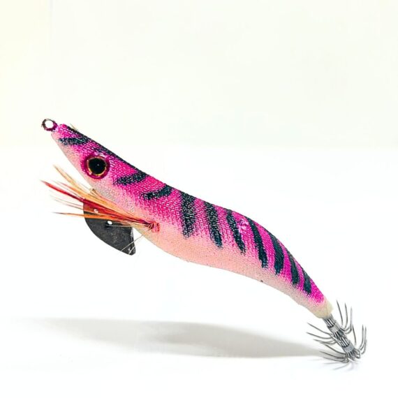 Señuelo para la pesca de sepia. Jibionera tipo Yamashita color rosa con lineas azules pintadas a mano, diseñada para la pesca de sepias, calamares y pulpos; equipada con sistema de transferencia de peso de tungsteno y recubrimiento epoxi para mayor durabilidad