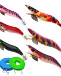Señuelos para la pesca de la sepia, jibioneras tipo yamashita. Pack seis jibioneras variadas. de regalo dos bajos de fuorocarbono.