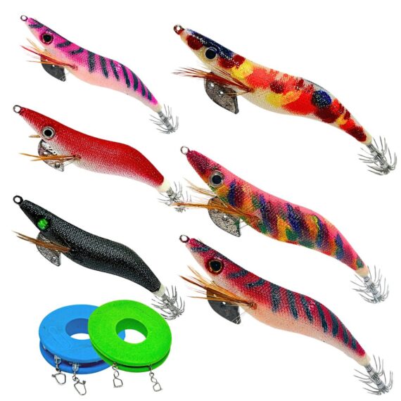 Señuelos para la pesca de la sepia, jibioneras tipo yamashita. Pack seis jibioneras variadas. de regalo dos bajos de fuorocarbono.