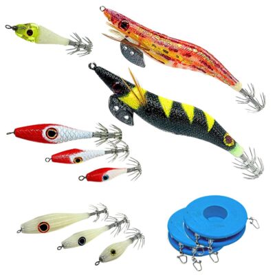 Kit de señuelos para pesca de calamar y sepia con jigs multicolor de doble corona, montados en bajos de línea con giratorios reforzados. Incluye bobinas con aparejos listos para técnicas de eging, tataki y pesca vertical en costa o embarcación.
