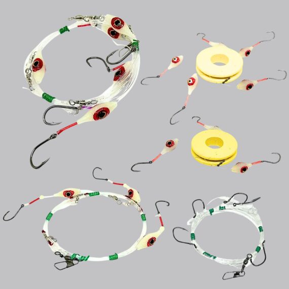 Montaje artesanal de aparejos Panxona para pesca de fondo y gran fondo, con señuelos fosforescentes y múltiples anzuelos curvados, ideales para capturar besugo, gallo San Pedro y merluza.
