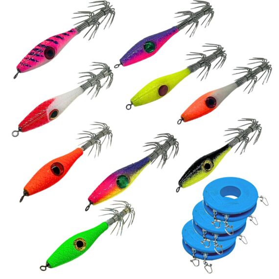 Pack de señuelos Evil Squid para pesca de calamar, sepia y pulpo, con 10 jigs artesanales de colores variados (rosa, naranja, verde, negro, lila, amarillo flúor) y anzuelos de doble corona. Incluye líneas montadas con giratorios de competición y bajos de fluorocarbono, ideales para técnicas de tataki, curricán costero y pesca vertical.